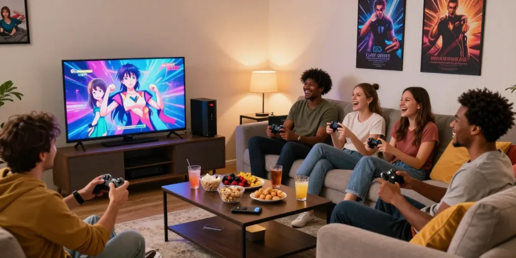 Friends enjoying hentai games in a cozy living room, gaming setup with snacks and vibrant decor.