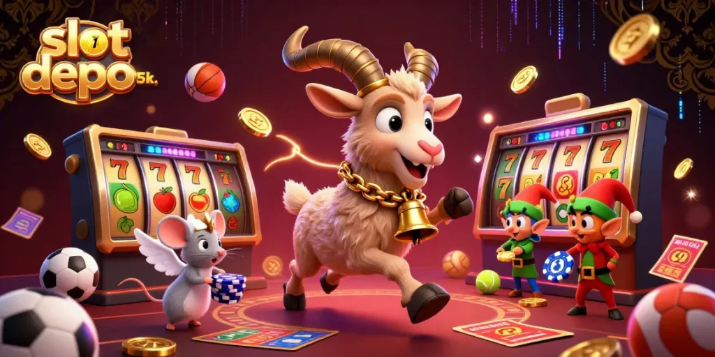 Experience the thrill of slot depo 5k with thrilling cartoon characters creating a lively casino scene.