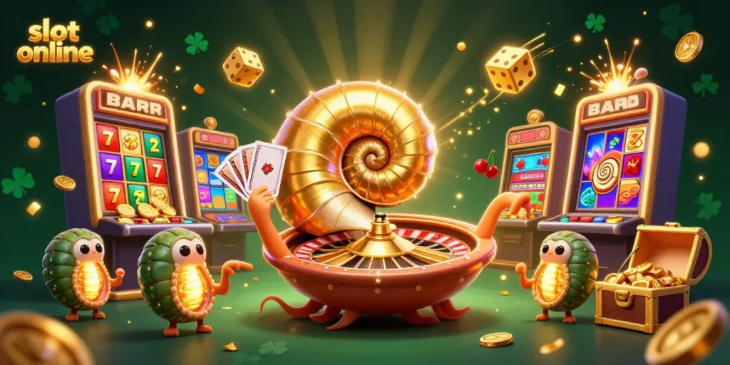 Experience thrilling slot online gameplay amidst vibrant 3D scenes with giant nautilus and jackpot excitement.