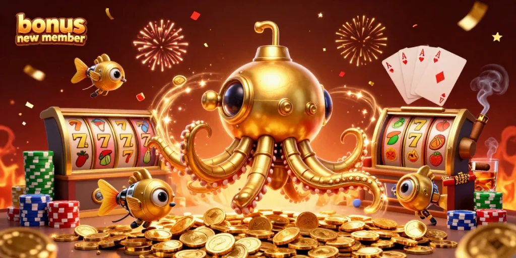 Experience the thrill of bonus new member promotions with a dynamic casino scene featuring a golden kraken and slot elements.