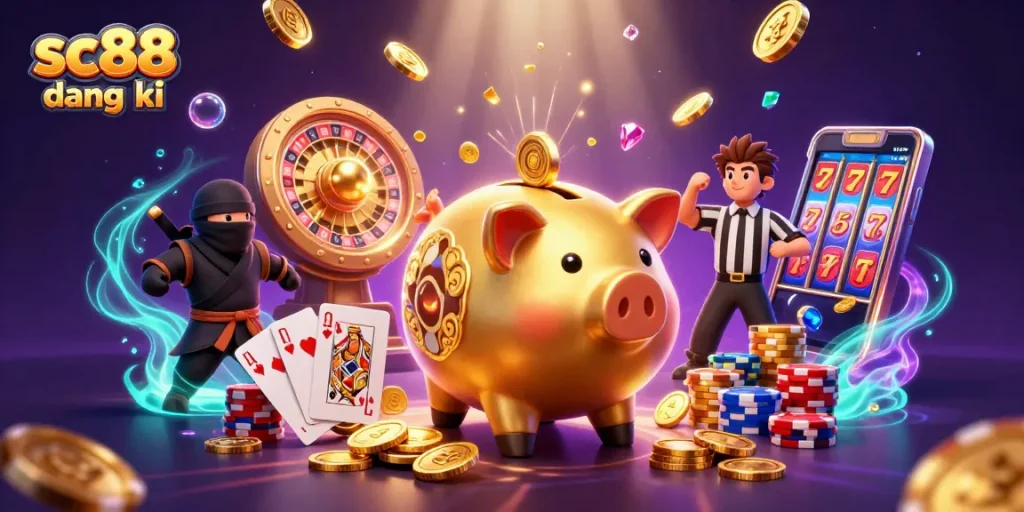 Engage with sc88 đăng ký to win exciting rewards in a vibrant casino scene filled with action and gold.