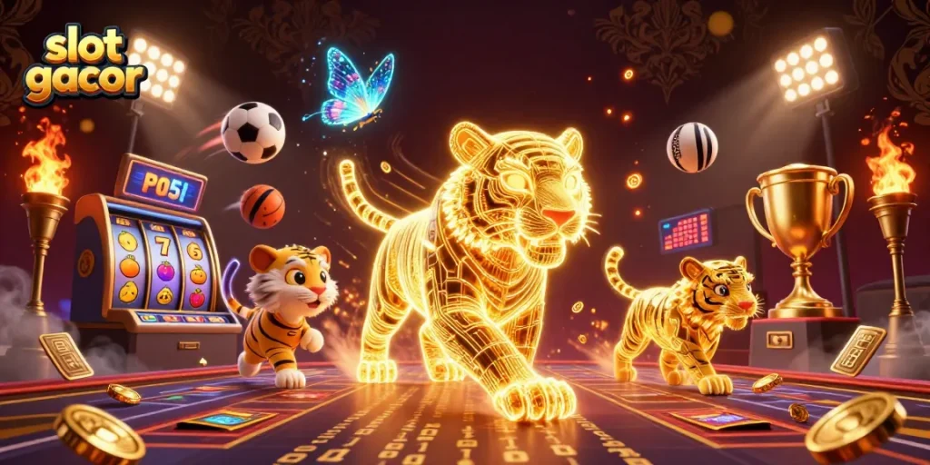 Experience excitement with slot gacor in this vibrant 3D casino illustration, featuring dynamic gameplay elements.