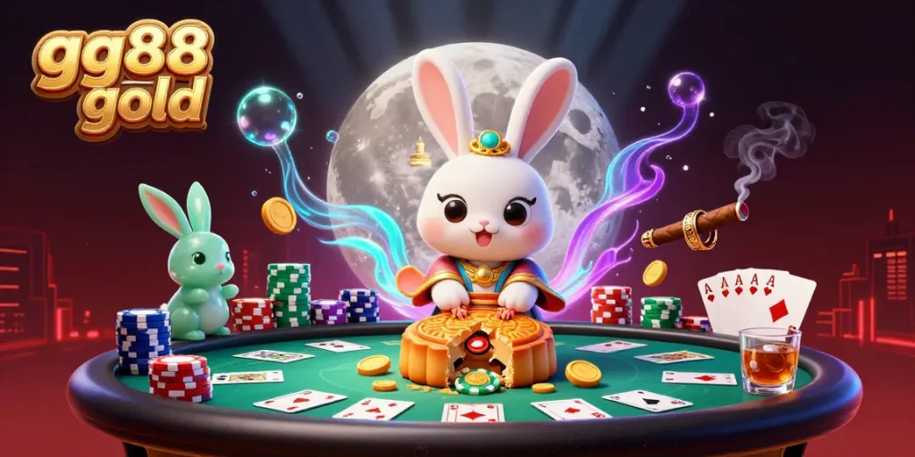 Play poker with gg88 gold in a vibrant casino scene on the moon with colorful chips and high stakes.