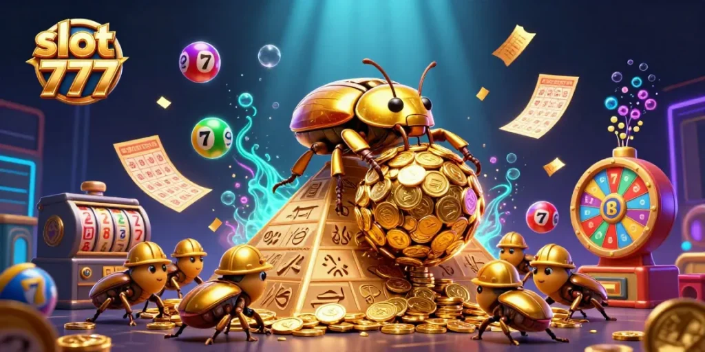 Engage in exhilarating action with slot 777 as golden beetles navigate a pyramid of coins amidst vibrant casino elements.