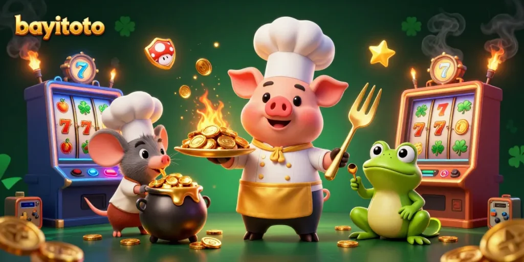 Experience bayitoto with a vibrant scene of characters enjoying casino slots and gold coins.
