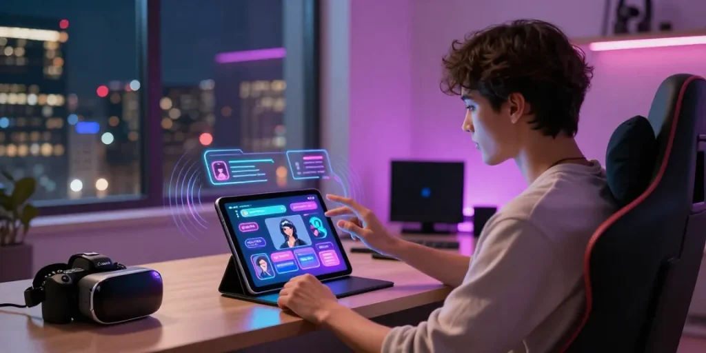 Engaging with an nsfw ai chatbot in a modern digital setting with vibrant holographic interface.