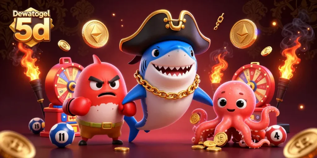 Win big with Dewatogel 5d through a vibrant 3D illustration of fun lottery elements and playful aquatic characters.
