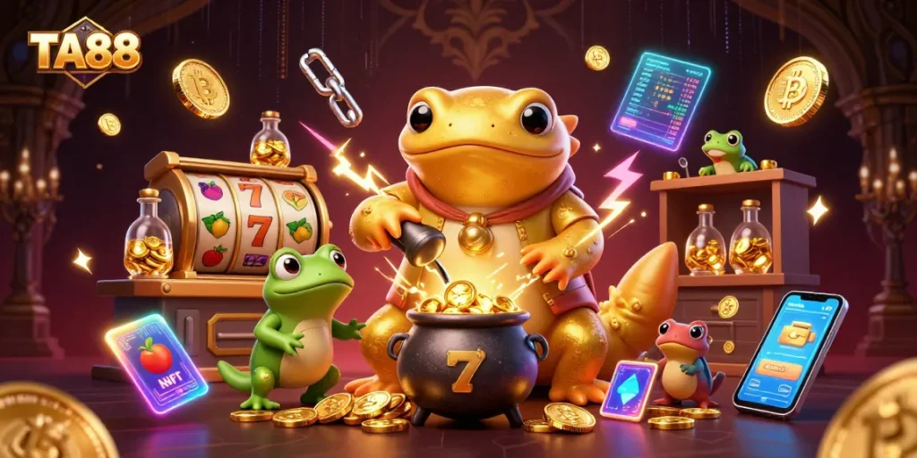 TA88 players engaging with a magical alchemist scene, showcasing exciting slot elements and cryptocurrency.