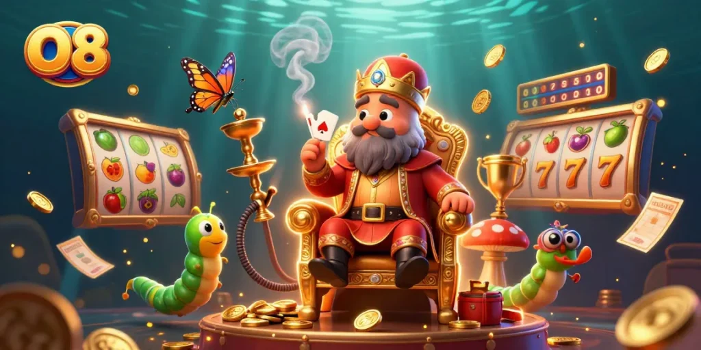 O8 showcases a vibrant 3D casino scene filled with slot elements and animated characters.