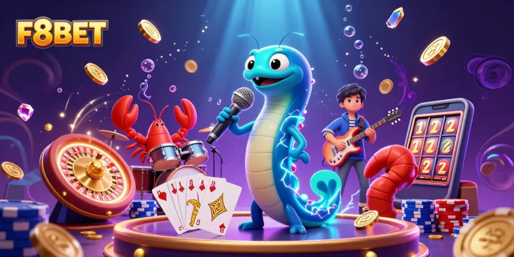 Experience thrilling gameplay at F8BET with an electric eel DJ and vibrant casino scene.