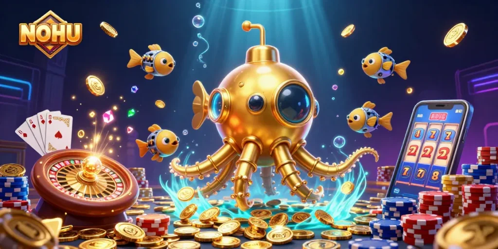 Experience thrilling gameplay with NOHU, featuring a golden kraken submarine amidst dazzling casino elements.