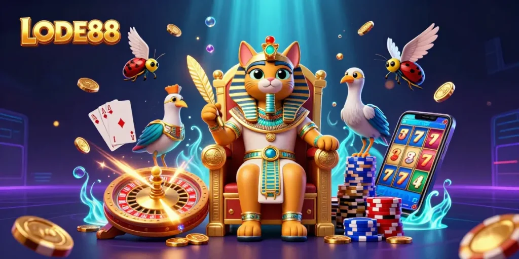 Experience the thrill of LODE88 with vibrant casino elements and 3D characters in action.