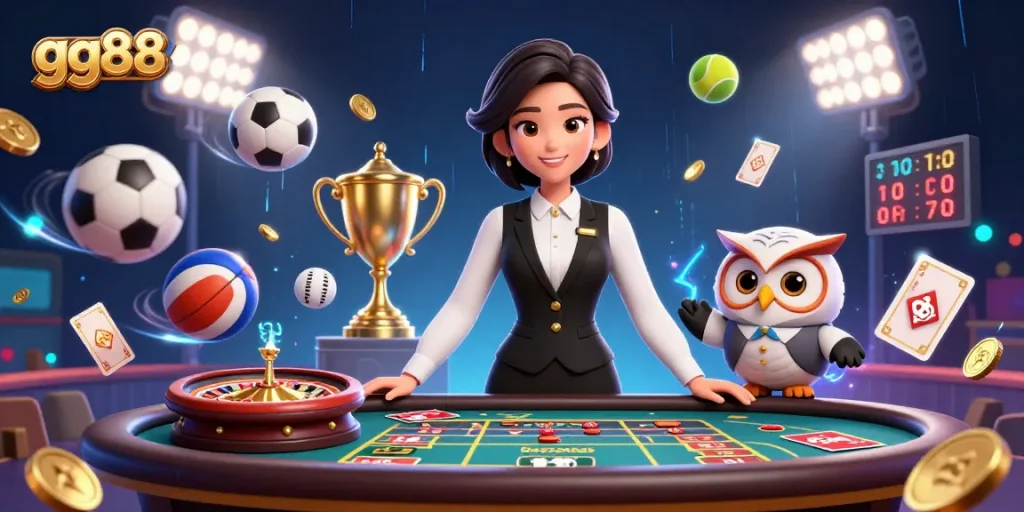 Experience thrilling gameplay with gg88's elite Asian dealer at a luxury baccarat table, vibrant and dynamic scene.