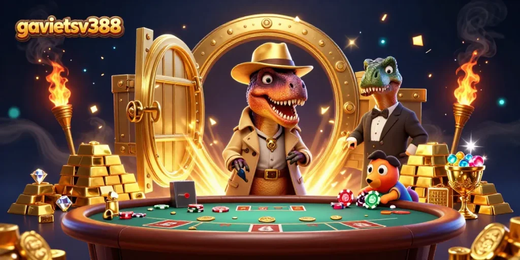 Experience the excitement at gavietsv388 with a cartoon velociraptor card counter at a blackjack table.