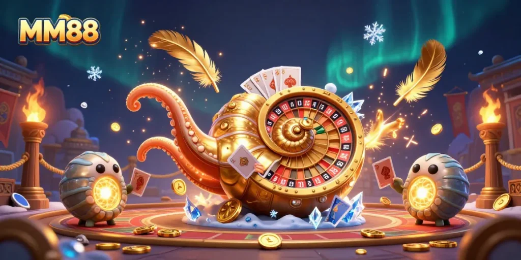 Engage with MM88 casino thrills featuring a stunning nautilus roulette wheel and vibrant game elements.