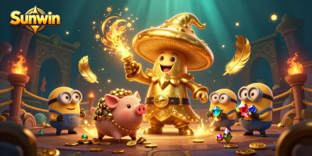 Experience thrilling games at Sunwin with a golden wizard casting magical rewards amidst sparkling treasures.