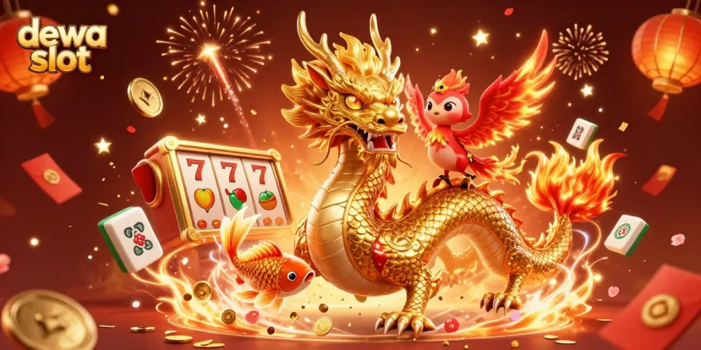 Win big with dewa slot as a golden dragon and phoenix soar through a dynamic casino scene.