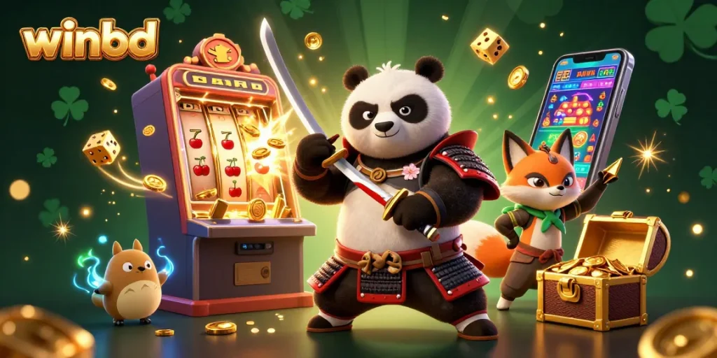 Winbd offers a thrilling experience with a dynamic 3D scene of a samurai panda and ninja fox enjoying casino excitement.