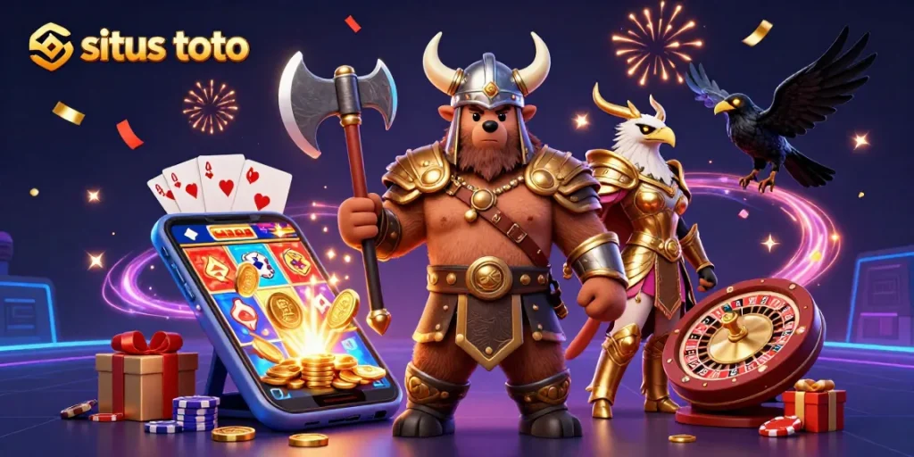 Spin winning reels in an exhilarating situs toto illustration featuring Viking warriors and golden coins.