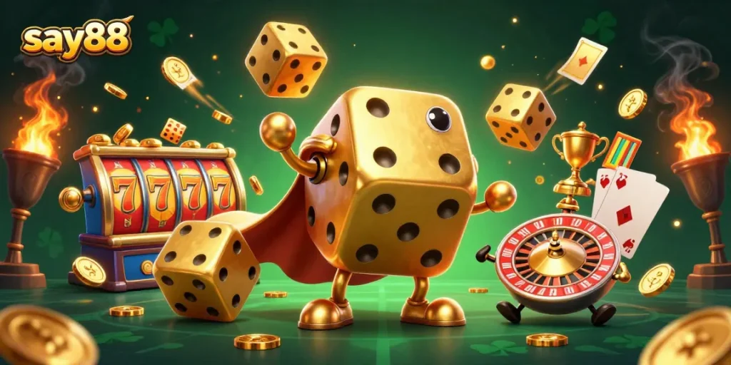 Bet big at say88 with dynamic casino action featuring golden dice, slot reels, and vibrant gameplay!