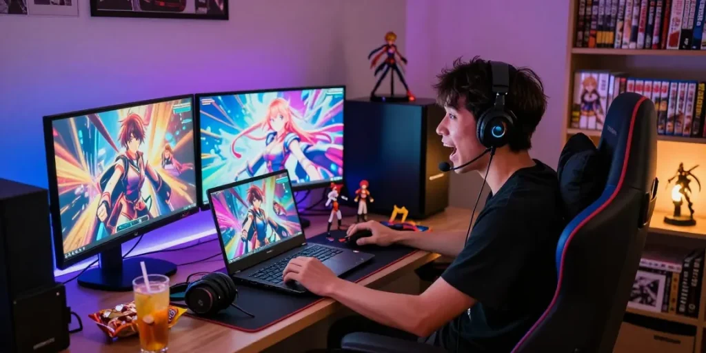Engaging gamer enjoying hentai games on a gaming laptop, vibrant setup.
