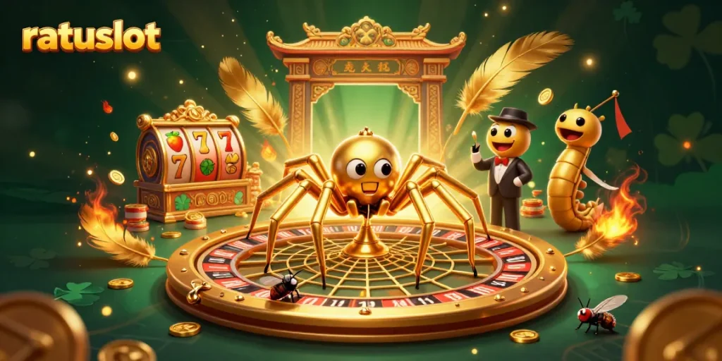 Experience ratuslot's exciting slot action with an animated spider, enticing bets, and vibrant casino atmosphere.