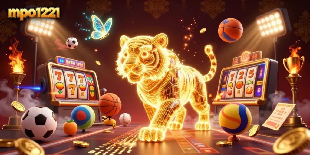 mpo1221 slot online menampilkan harimau emas bercahaya dalam lanskap kasino digital.