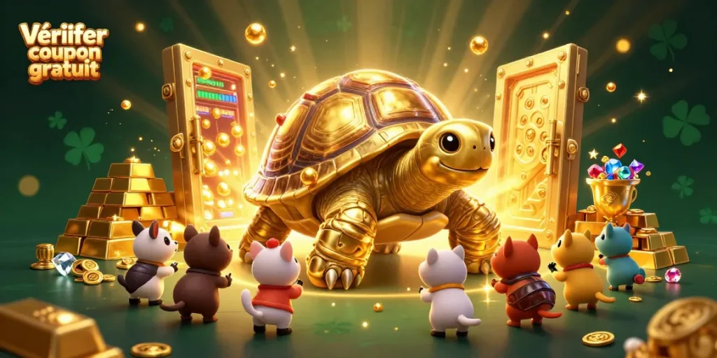 Vérifier coupon gratuit avec des personnages de casino animés et un décor festif.