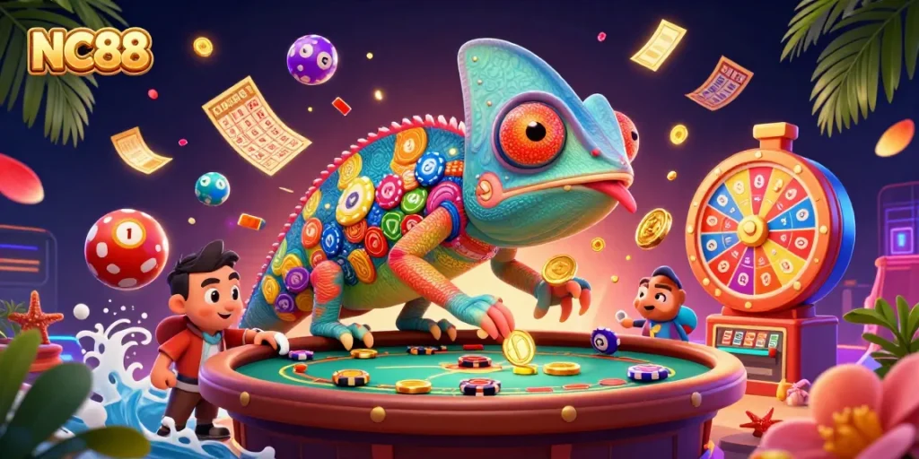 Experience the thrilling world of NC88 with a colorful casino scene featuring dynamic lottery elements.