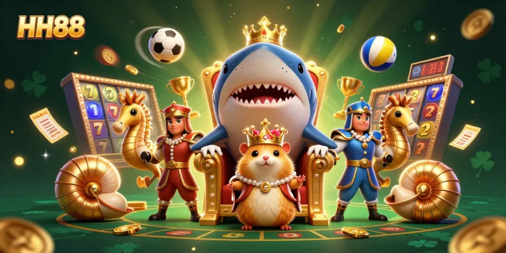 Experience thrilling gaming at HH88 with an imaginative scene featuring a hamster king and diverse casino elements.