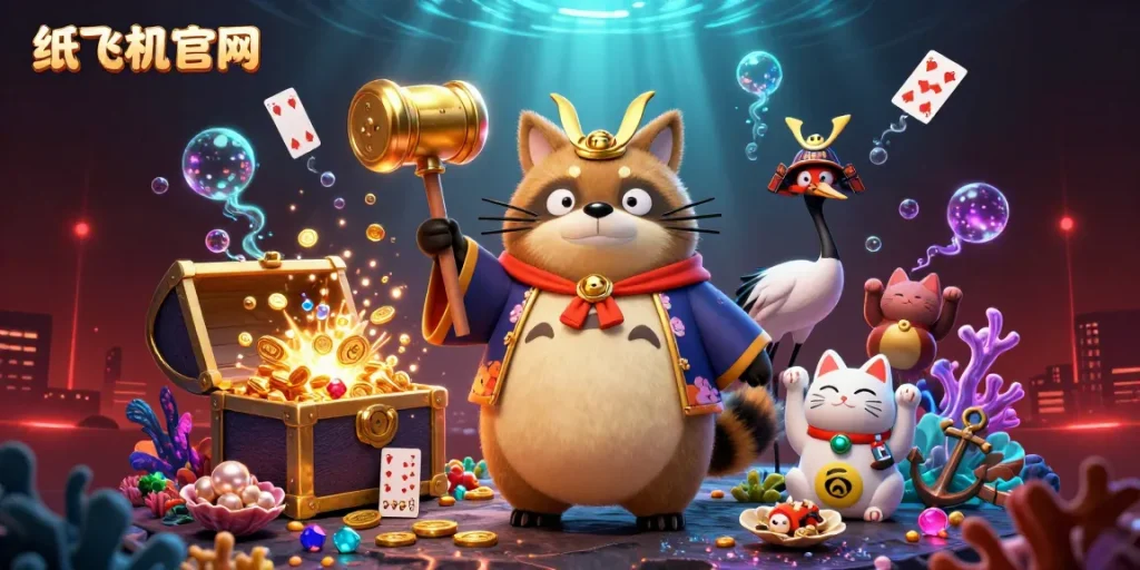 Experience winning with 纸飞机官网's vibrant 3D casino scene featuring lucky symbols and cheerful characters.