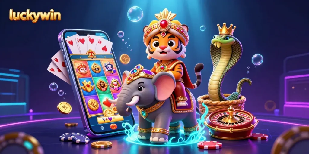 Experience winning with luckywin's vibrant 3D casino scene filled with colorful slot game and exciting elements.