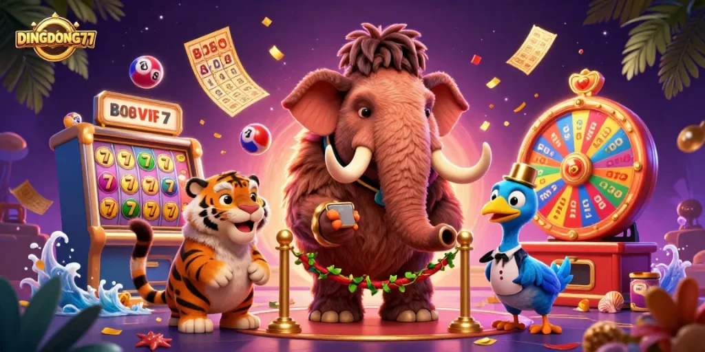 DINGDONG77 showcases a vibrant gaming scene with characters and dynamic slot elements, creating an engaging casino atmosphere.
