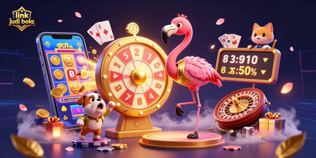 Experience the excitement of link judi bola with a game show host flamingo, a bulldog contestant, and a scoreboard cat in a vibrant casino scene.