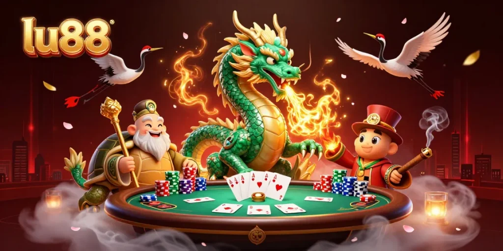 Experience thrilling gaming action at lu88 with a jade dragon and lucky symbols.
