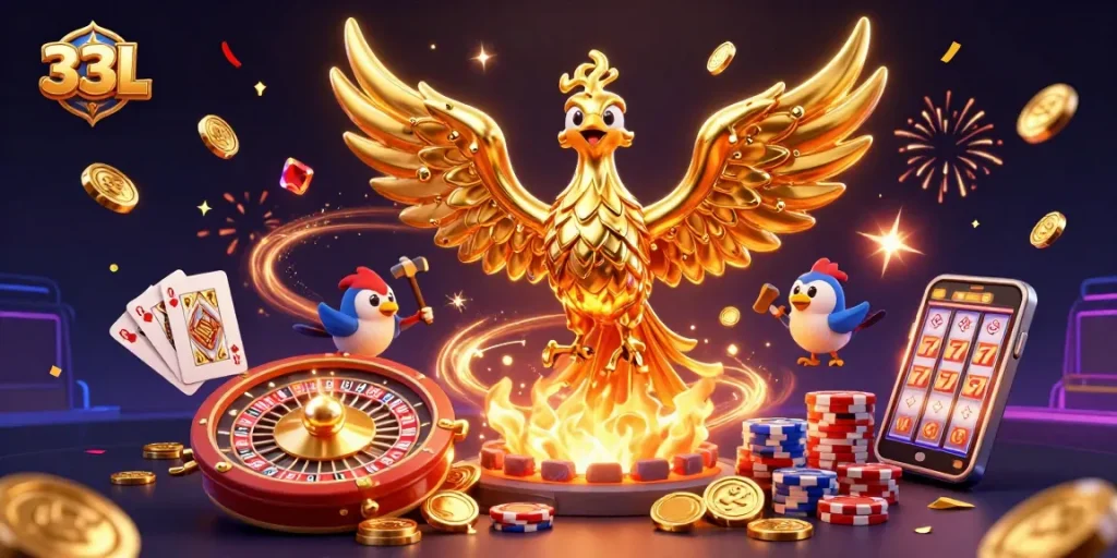 33L creates an exciting atmosphere with golden phoenix, poker chips, and coins in a vibrant casino scene.