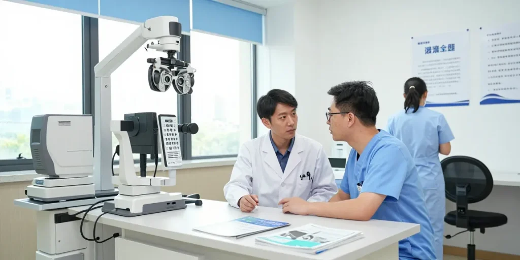 Patient consultation at SNU Eye Clinic focusing on eye care services like snuseoul.
