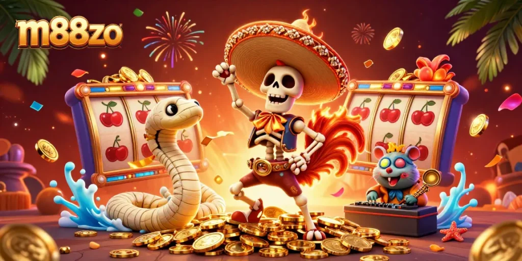 Join the excitement at m88zo with a vibrant casino scene featuring a dancing mariachi rooster, mummy snake, and DJ hamster.