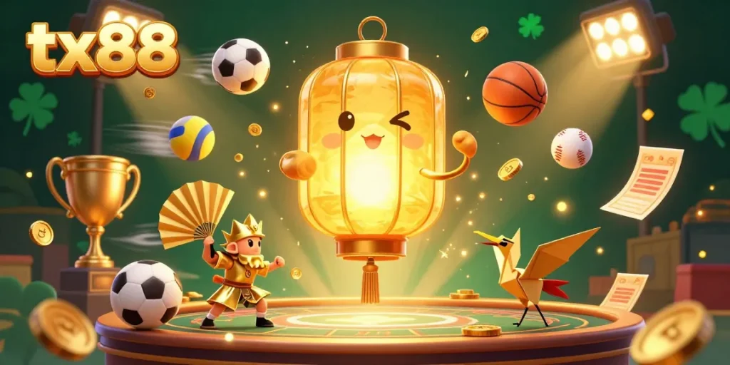 Engage with tx88's dynamic casino atmosphere featuring a vibrant golden lantern spirit and lively gaming elements.