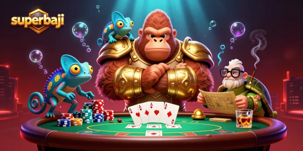 Experience thrilling poker action at superbaji with a gorilla king, color-shifting chameleon, and wise tortoise!