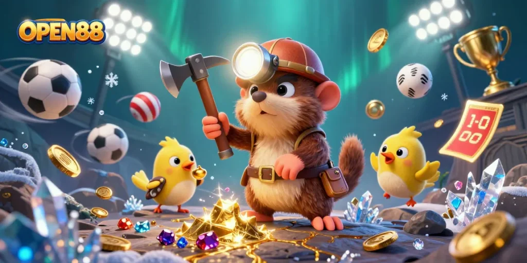 OPEN88 immerses players in vibrant scenes of mining and sports betting excitement.