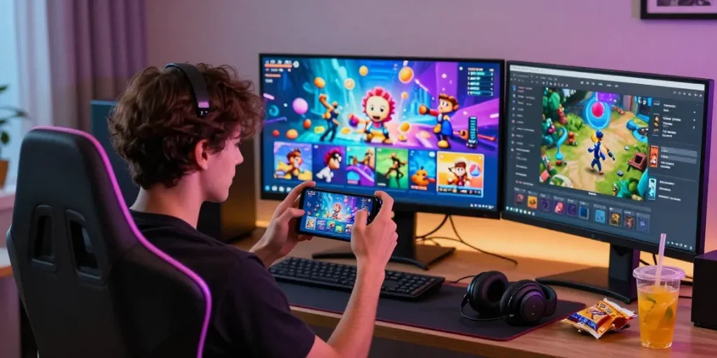 Young adult enjoying free mobile games in a vibrant gaming setup with dynamic visuals.