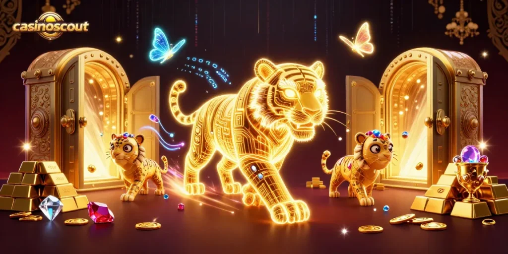 Experience casinoscout’s vibrant digital casino with golden tiger and glowing treasures.
