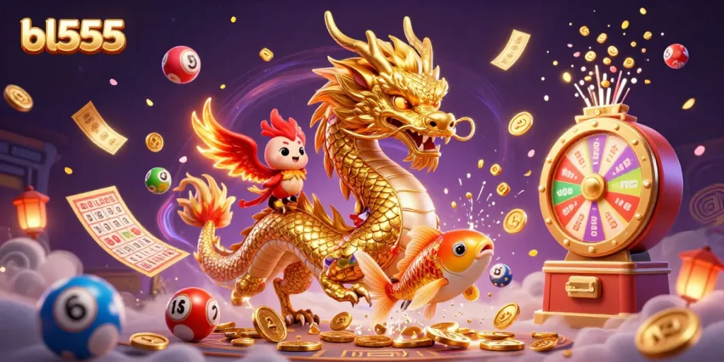 Experience thrilling gaming action at bl555 with a vibrant 3D casino illustration featuring a golden dragon.