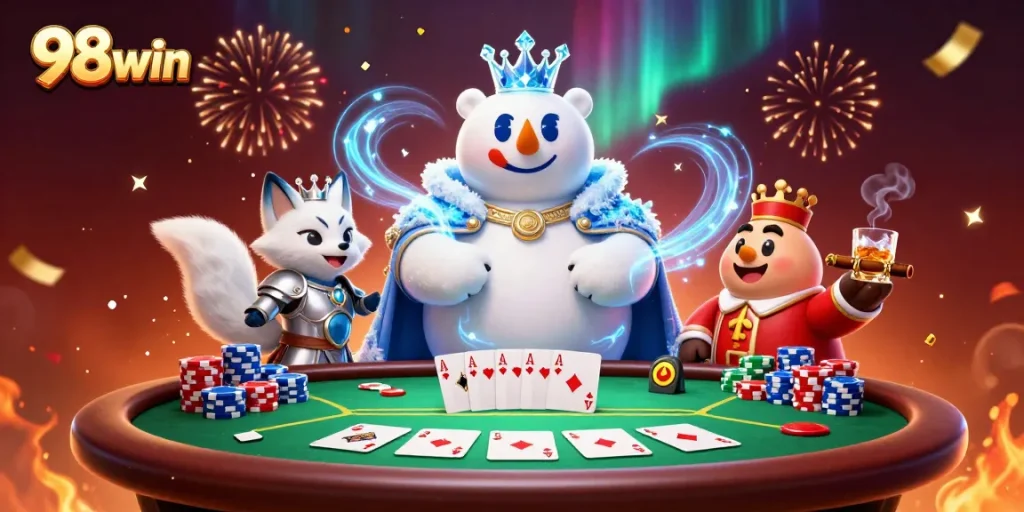 Join the fun at 98win with vibrant poker action and enchanting characters in a dynamic casino scene.