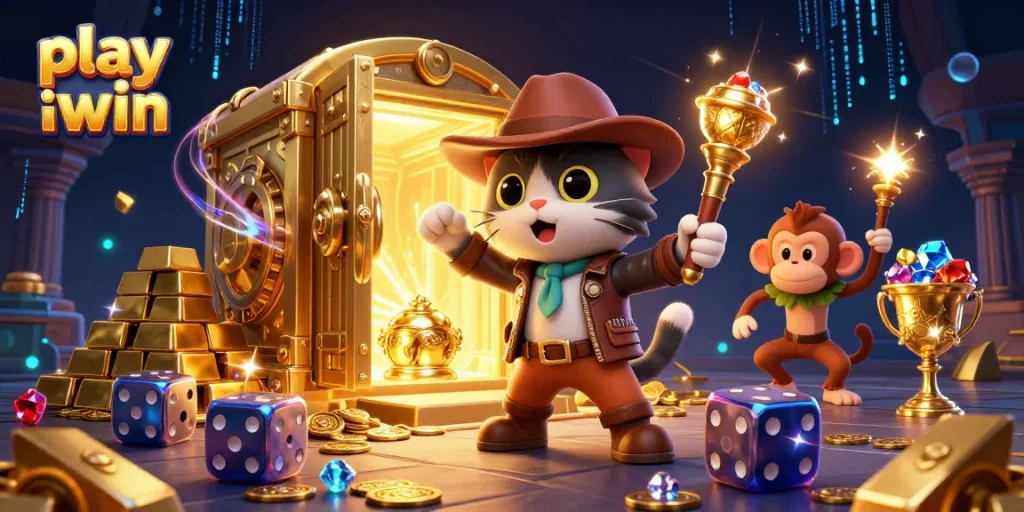 Play iwin with exciting treasures and dynamic characters in a vibrant casino-themed scene.