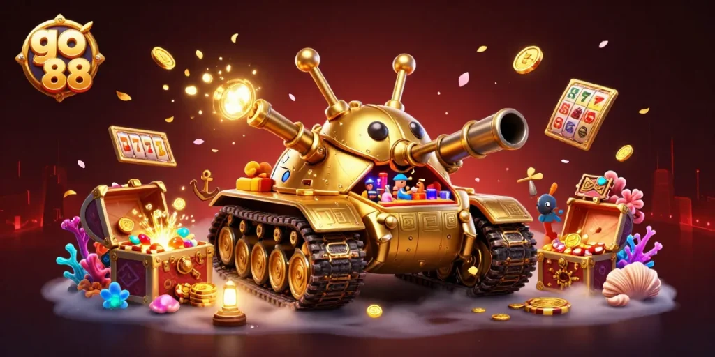Engage with the vibrant go 88 casino in a dynamic golden beetle tank illustration filled with excitement.
