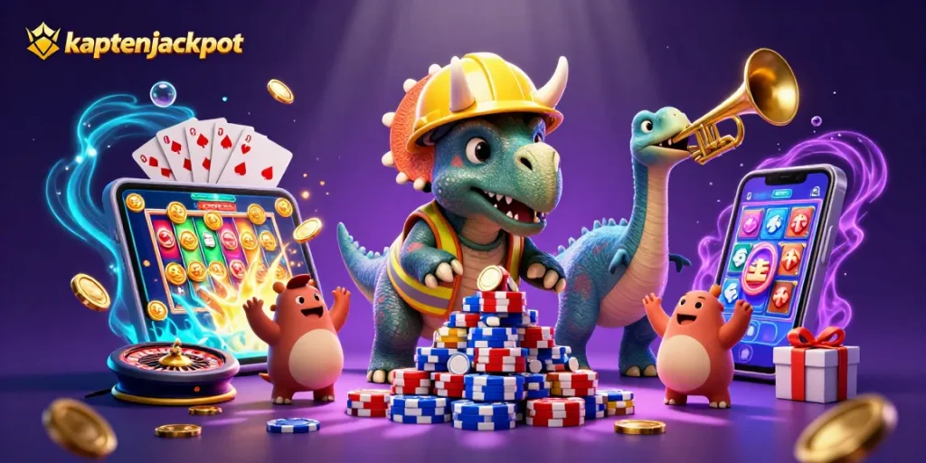 Kaptenjackpot celebrates big wins with a lively casino scene featuring a triceratops and parasaurolophus.