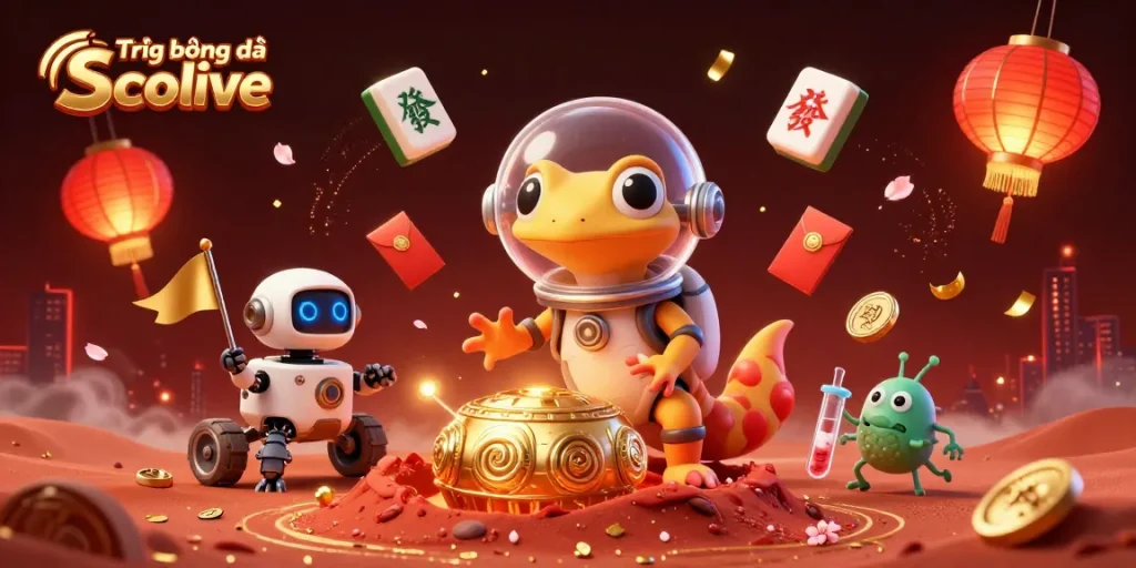 Engage in Trực tiếp bóng đá Socolive with animated gecko discovering a hidden casino scene.