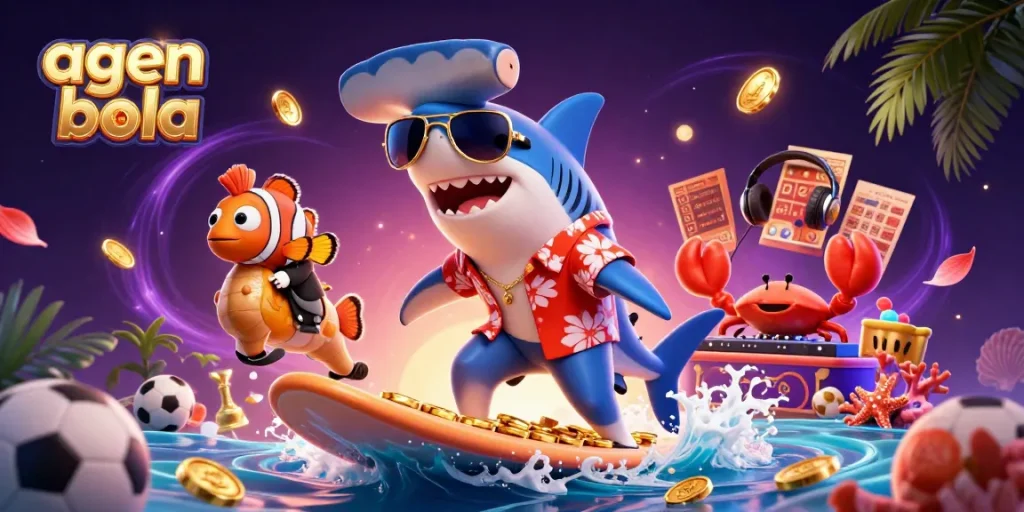 Experience the thrill of agen bola with a shark and clownfish amidst vibrant sports betting elements!
